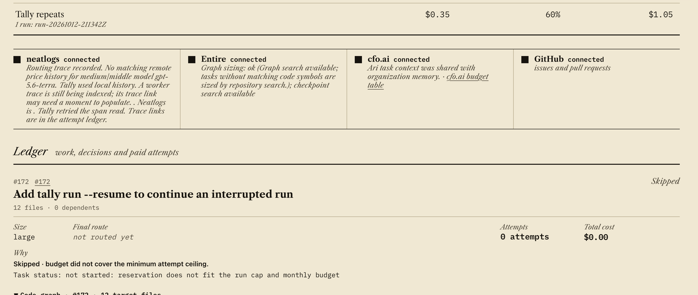 Integration status and task #172 skipped because its reservation did not fit; neatlogs notes a worker trace still indexing
